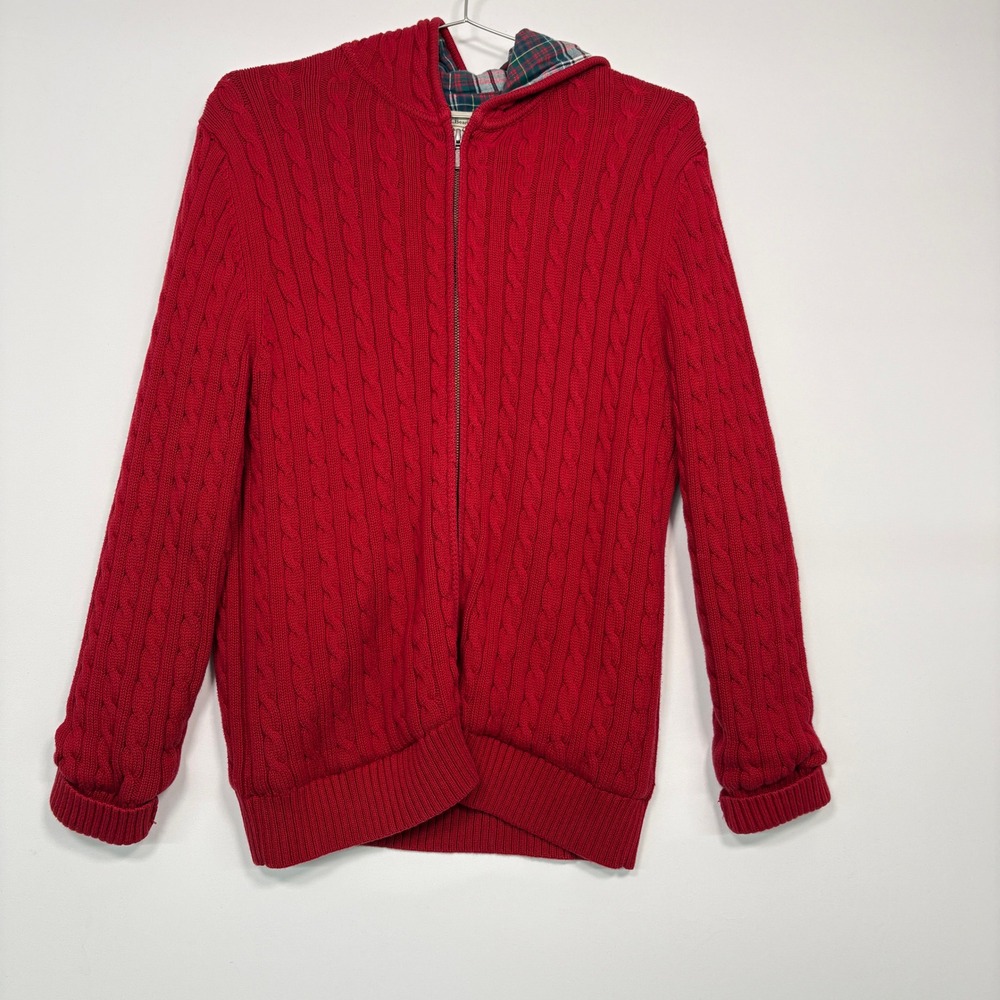 L.L.Bean Women Sweater Large Red Cable Knit Full Zip Plaid Lined Hood 273187